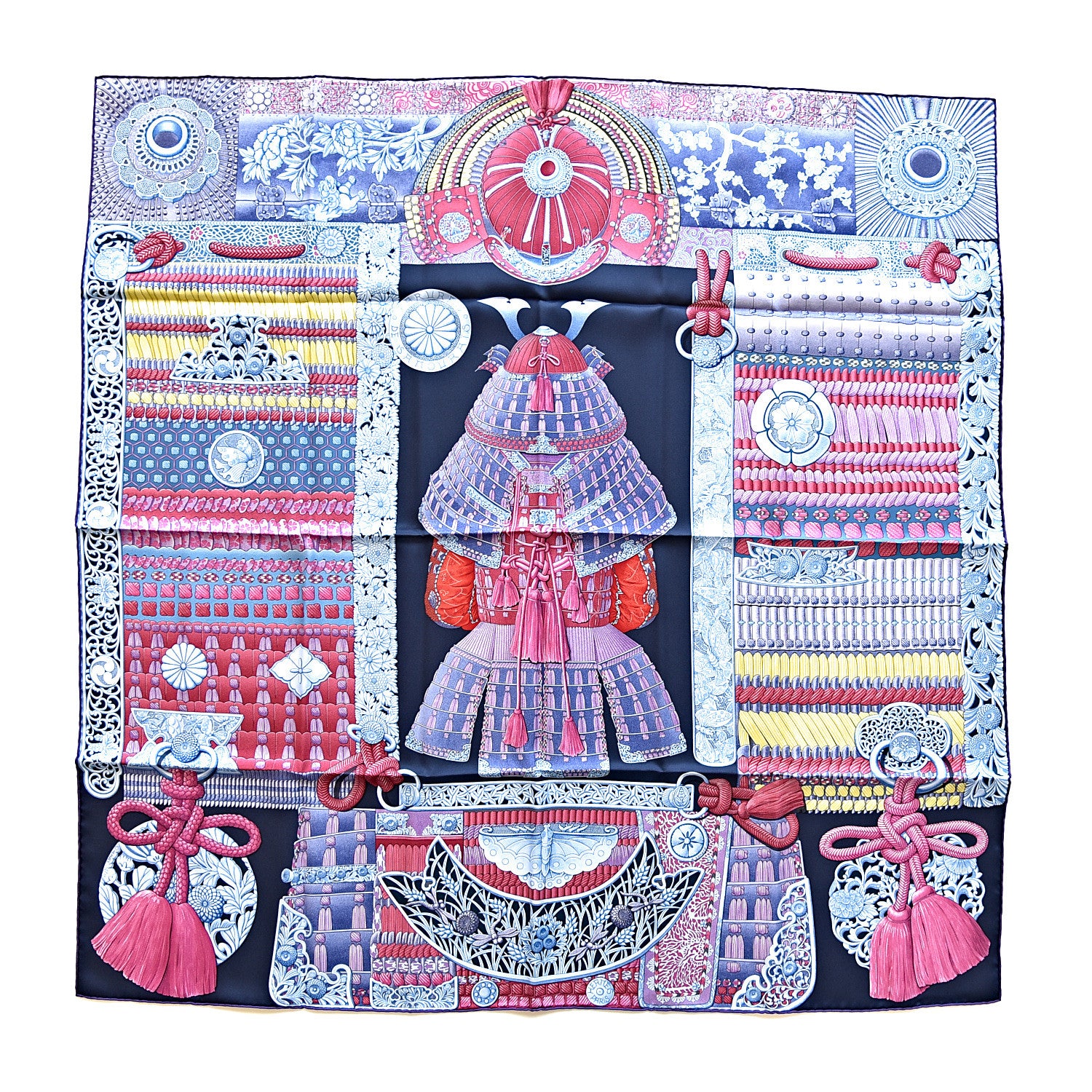 Hermes Silk Parures de Samourais Scarf 90 Marine Rose Bleu Glacier 1 of 3