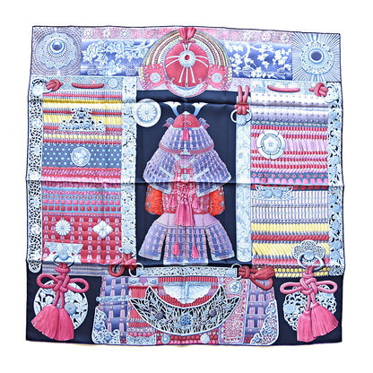 Hermes Silk Parures de Samourais Scarf 90 Marine Rose Bleu Glacier 1 of 3