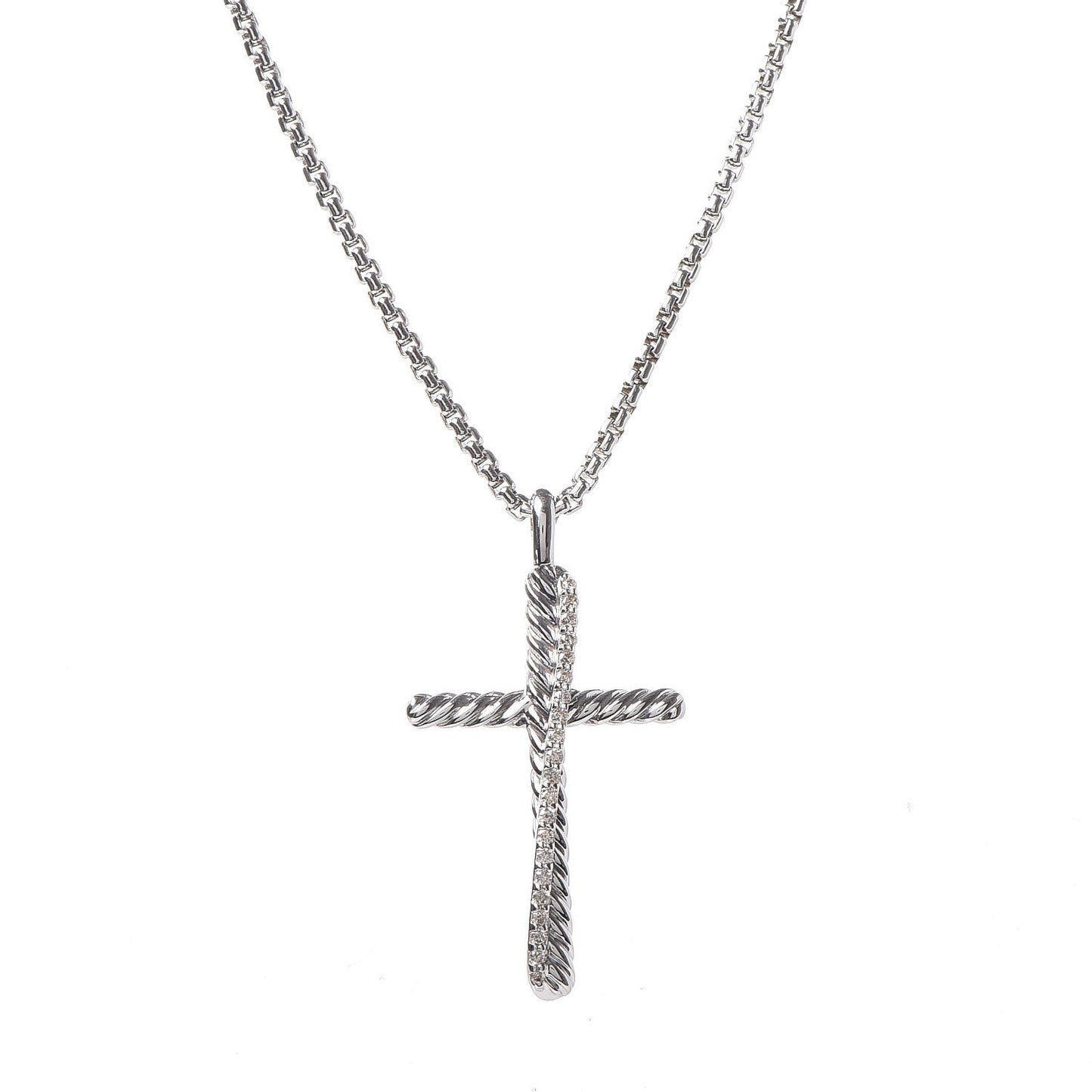 Sterling Silver 14K White Gold Diamond 35mm Crossover Cross Necklace