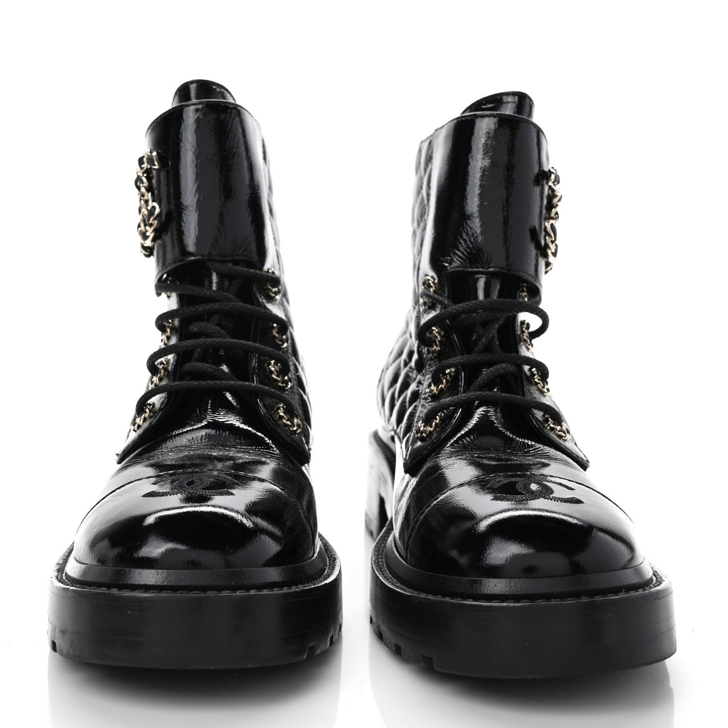 Shiny Calfskin Quilted Lace Up Combat Boots 39.5 Black