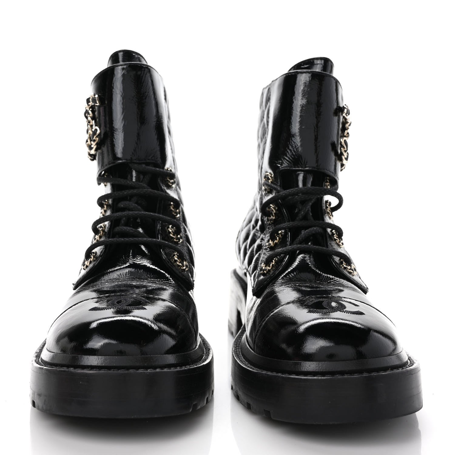 Chanel Shiny Calfskin Quilted Lace Up Combat Boots 39.5 Black 2 of 9