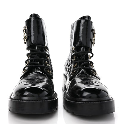 Chanel Shiny Calfskin Quilted Lace Up Combat Boots 39.5 Black 2 of 9
