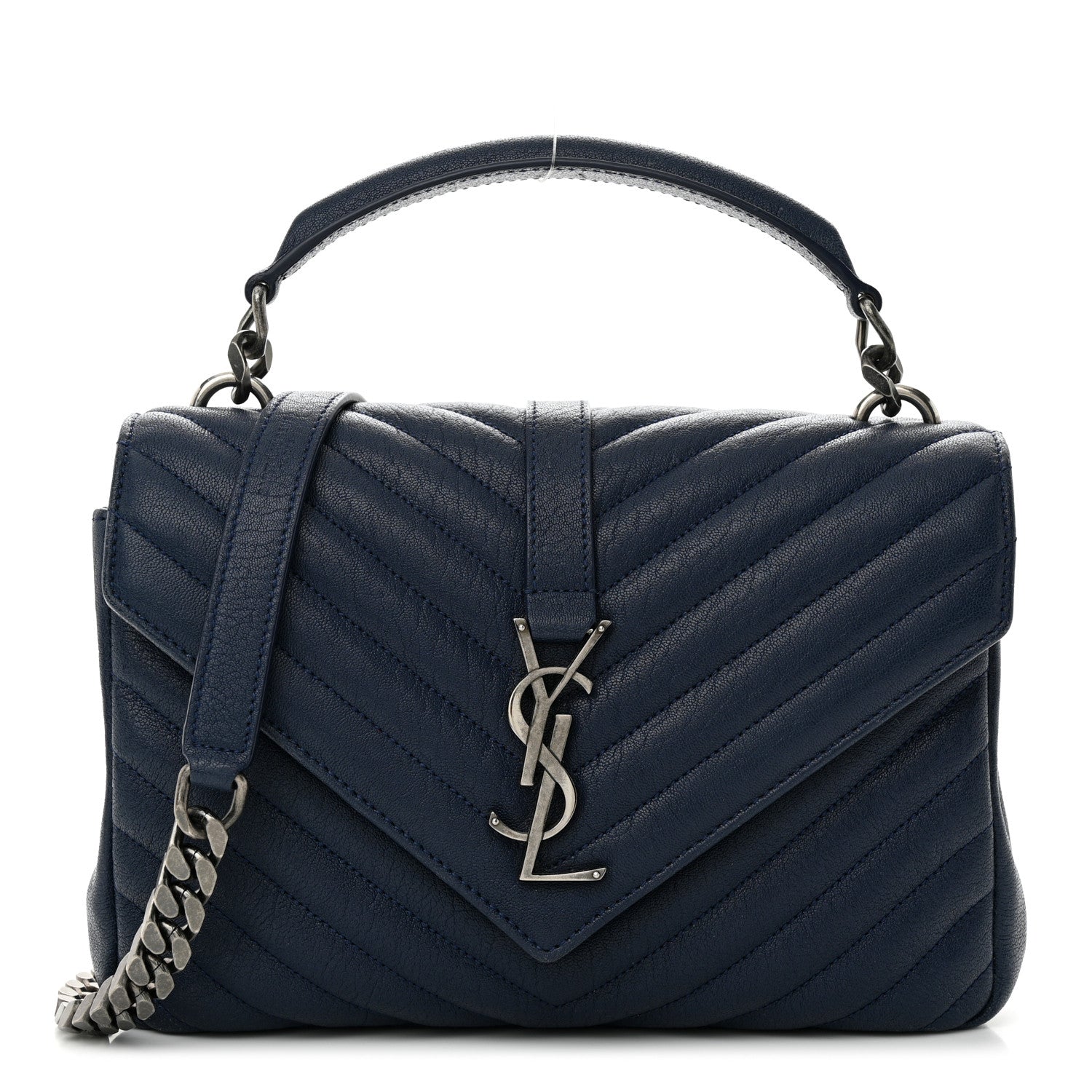Saint Laurent Sheepskin Matelasse Chevron Monogram Medium College Bag Navy 1 of 10
