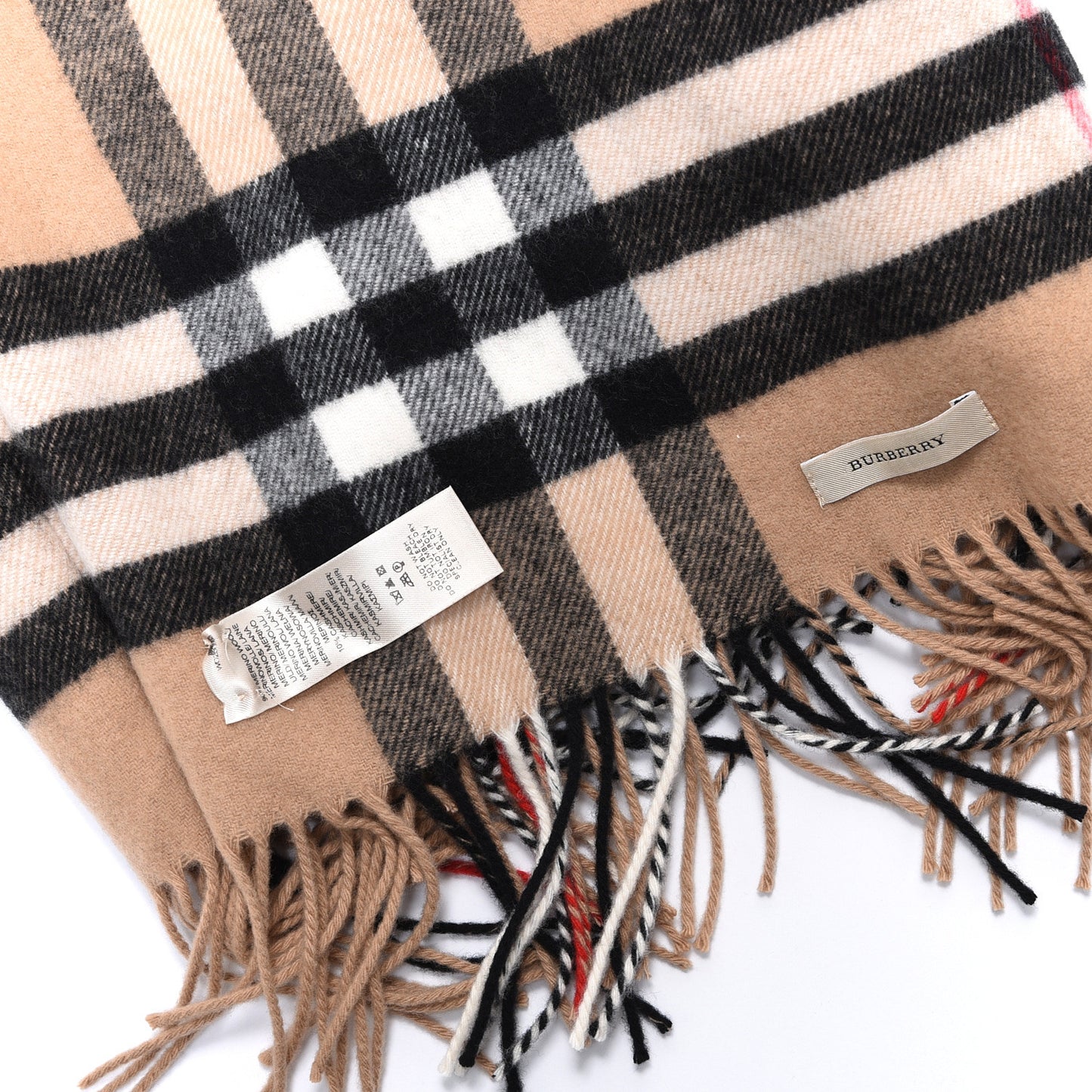Cashmere Wool Classic Check Infinity Fringe Scarf Camel