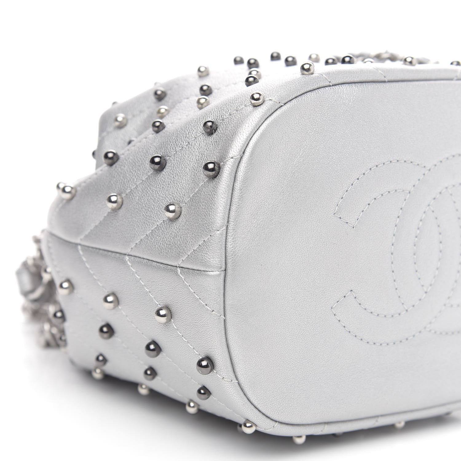 Chanel Metallic Lambskin Studded Chevron Quilted Small Stud Wars Drawstring Bag Silver 8 of 11