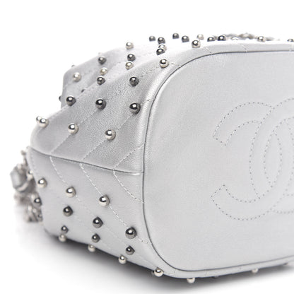 Chanel Metallic Lambskin Studded Chevron Quilted Small Stud Wars Drawstring Bag Silver 8 of 11