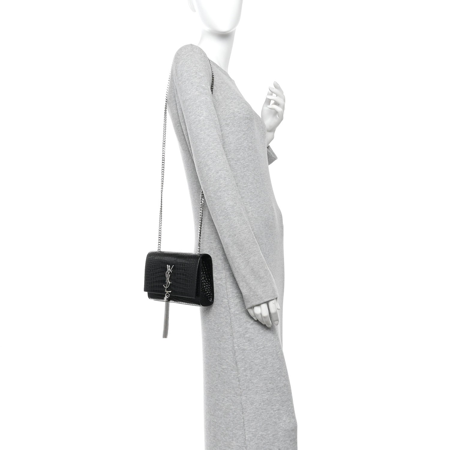 Saint Laurent Calfskin Crocodile Embossed Small Classic Monogram Kate Tassel Satchel Black 2 of 9