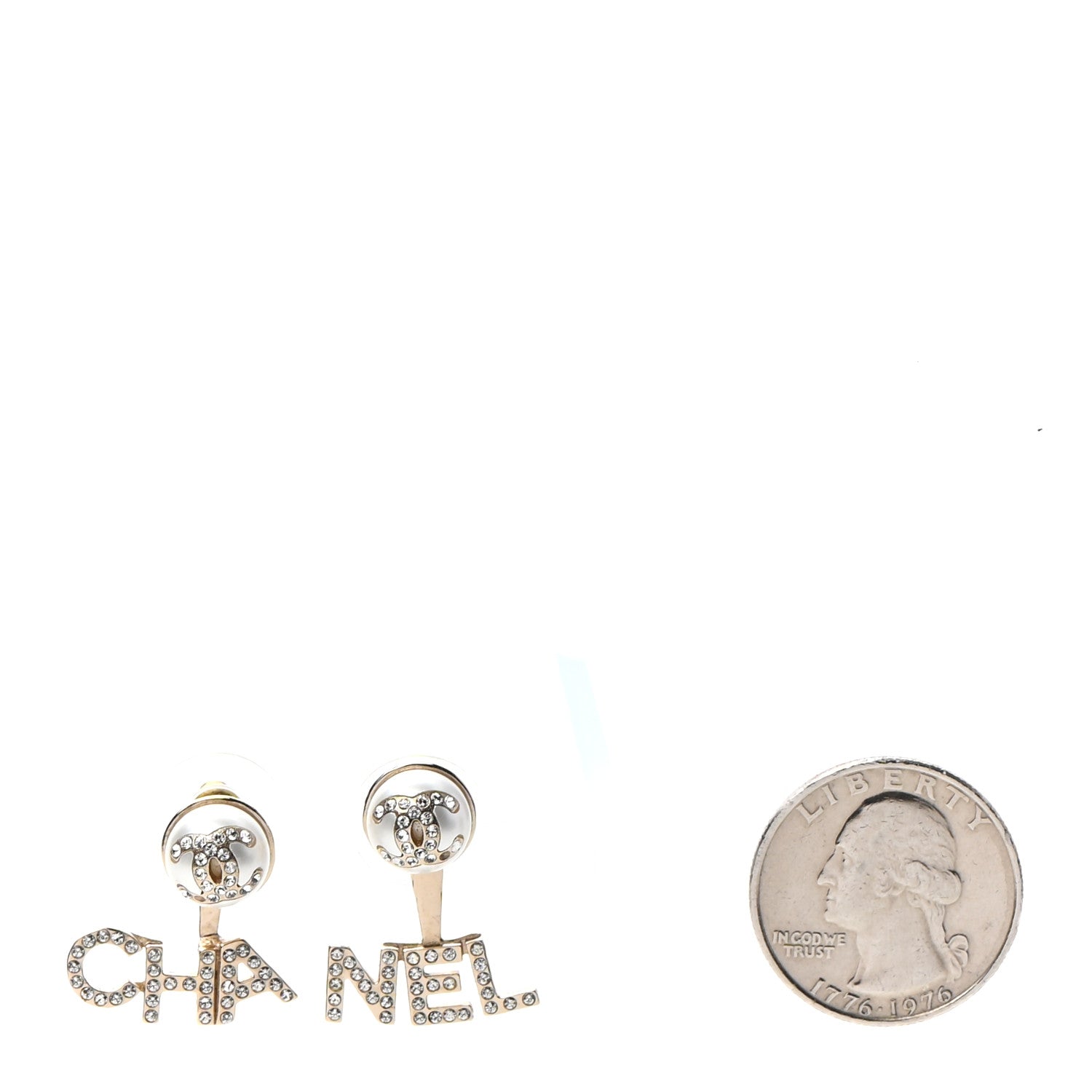 Chanel Pearl Crystal Logo Earrings Gold Pearly White 2 of 4