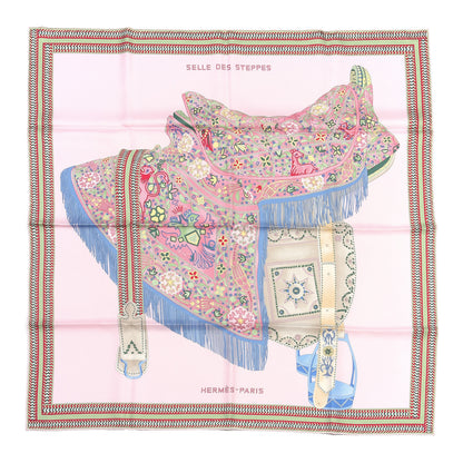 Hermes Silk Selle Des Steppes Scarf 90 Rose Pale Bleu Jean 2 of 8