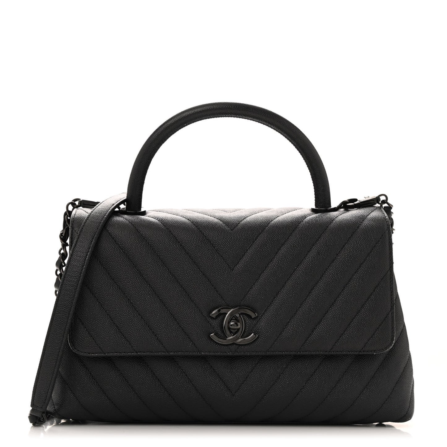 Caviar Chevron Quilted Small Coco Handle Flap So Black
