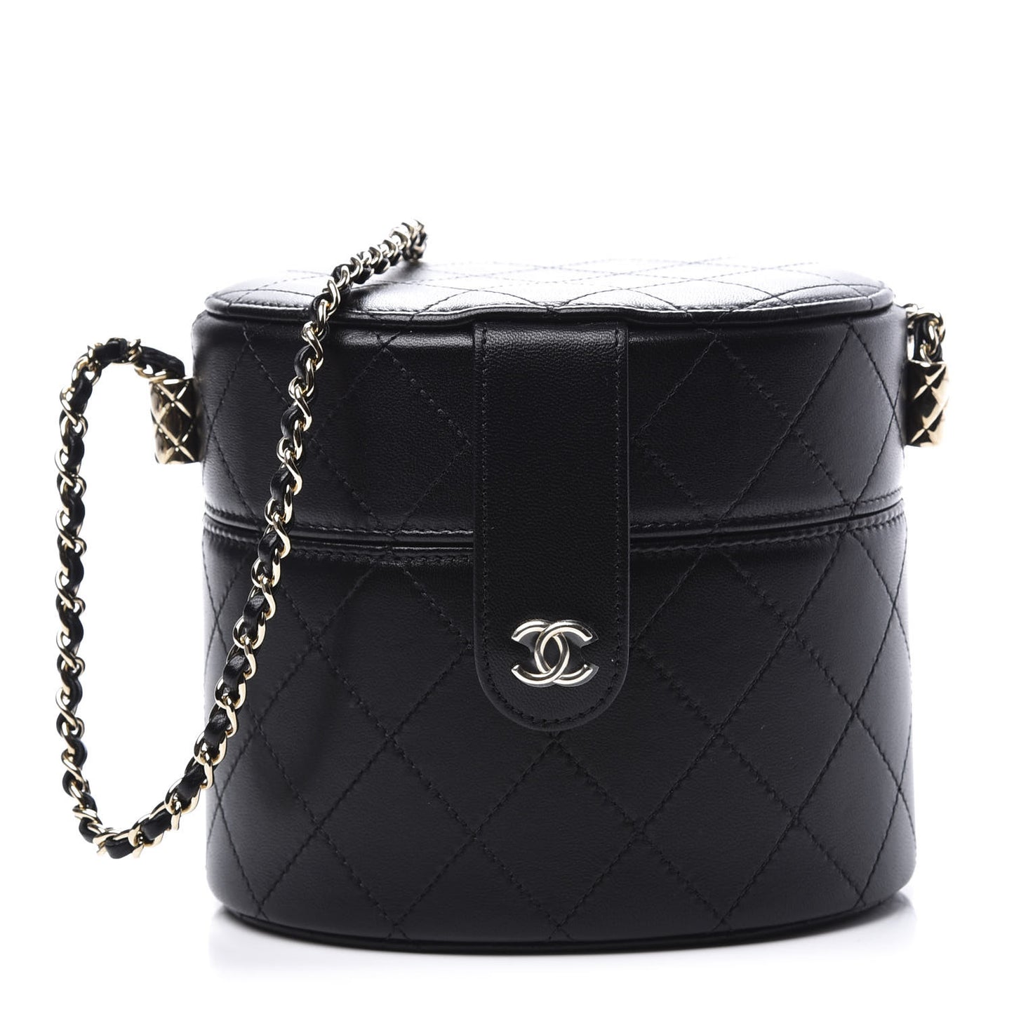 Lambskin Quilted Round Vanity Case With Chain Black