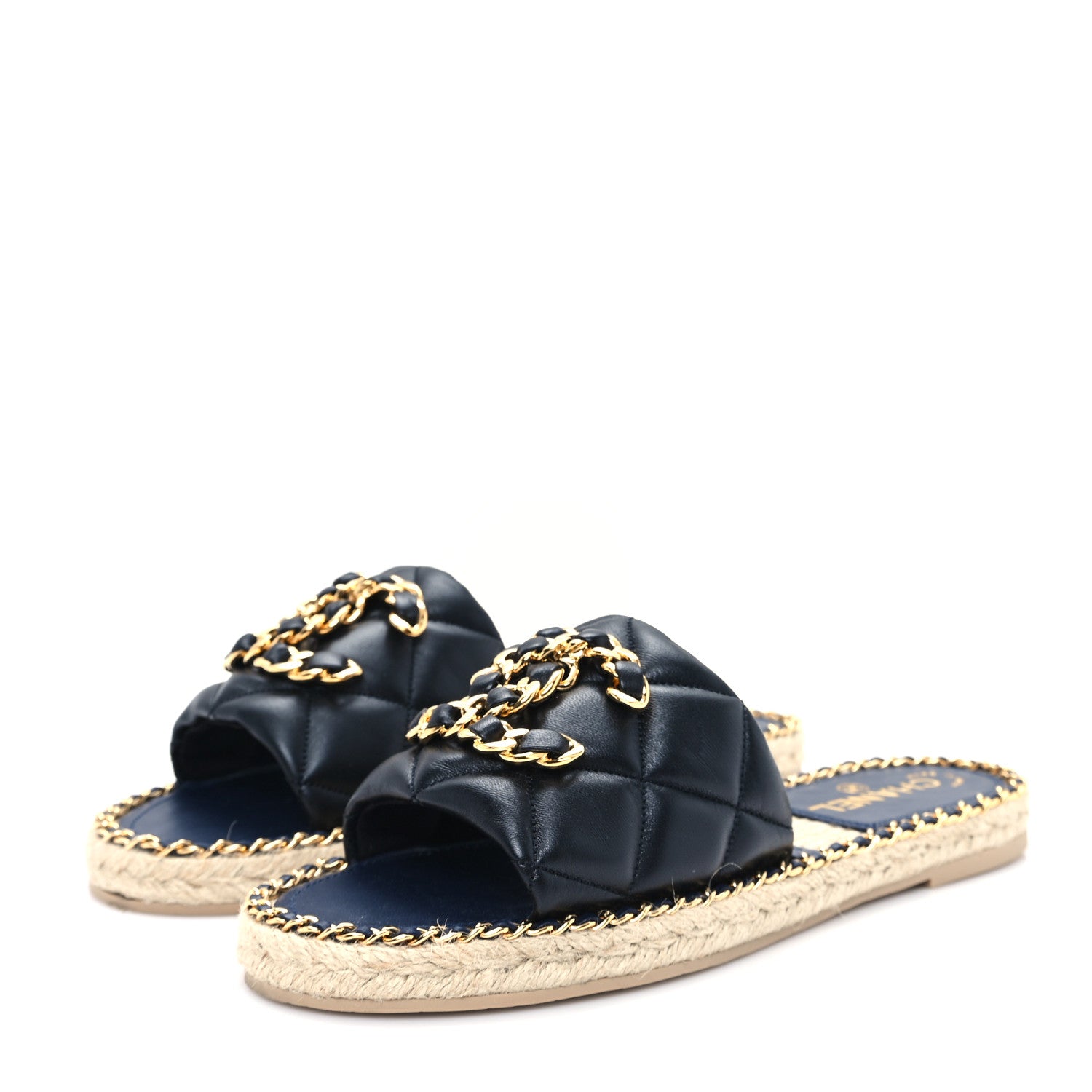Chanel Lambskin Quilted CC Chain Espadrille Mules 39 Black Navy 4 of 10