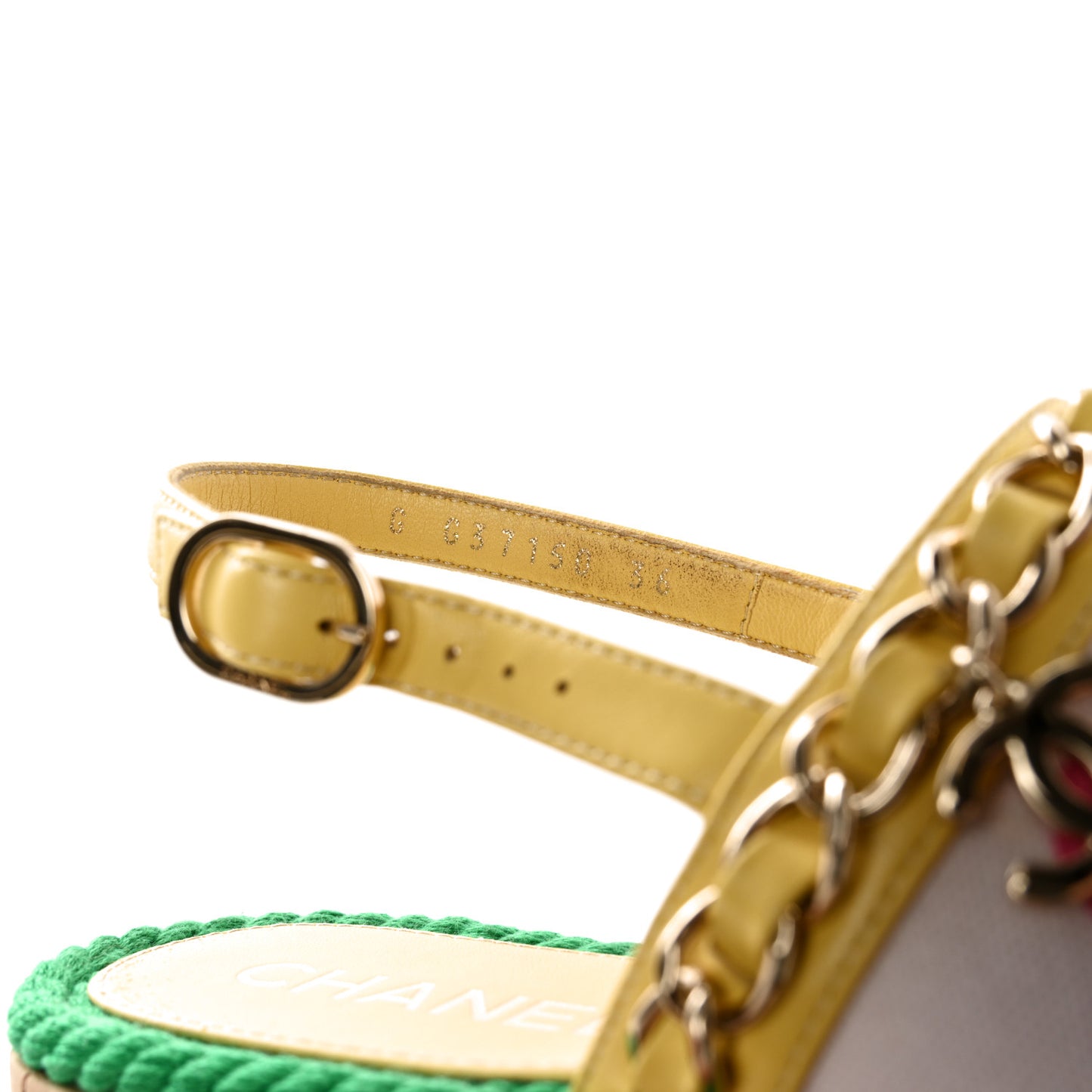 Lambskin Cotton Cork Printed Cap Toe Chain Mules Sandals 36 Multicolor Green