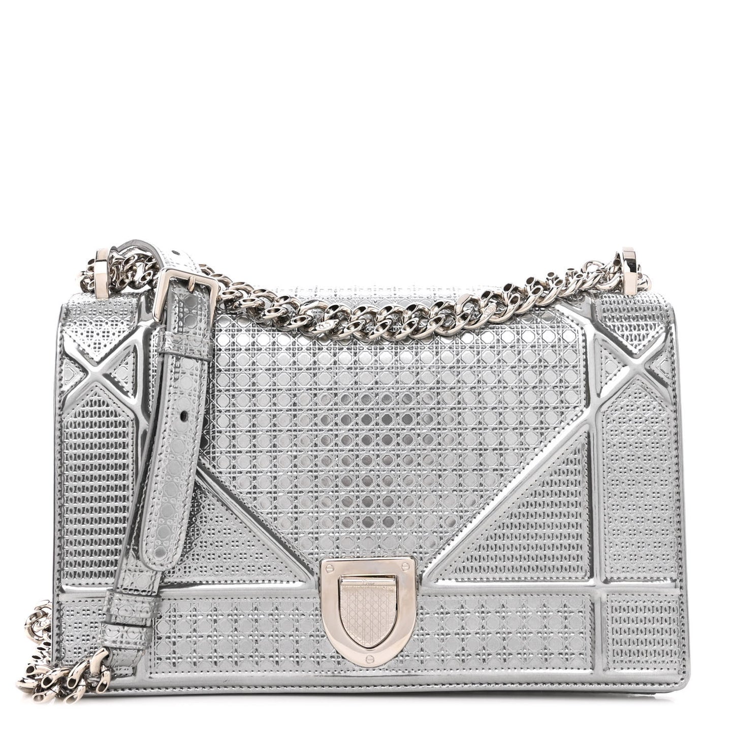 Metallic Patent Micro-Cannage Medium Diorama Flap Bag Silver