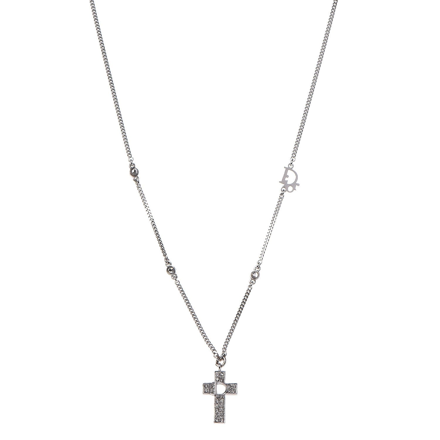 Christian Dior Crystal Cross Necklace Silver 1 of 6