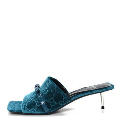 Gucci New Velvet Ashmir Regent Calfskin GG Monogram Square Toe Bow 45mm Slide Sandals Peacock Blue 39.5 1 of 9
