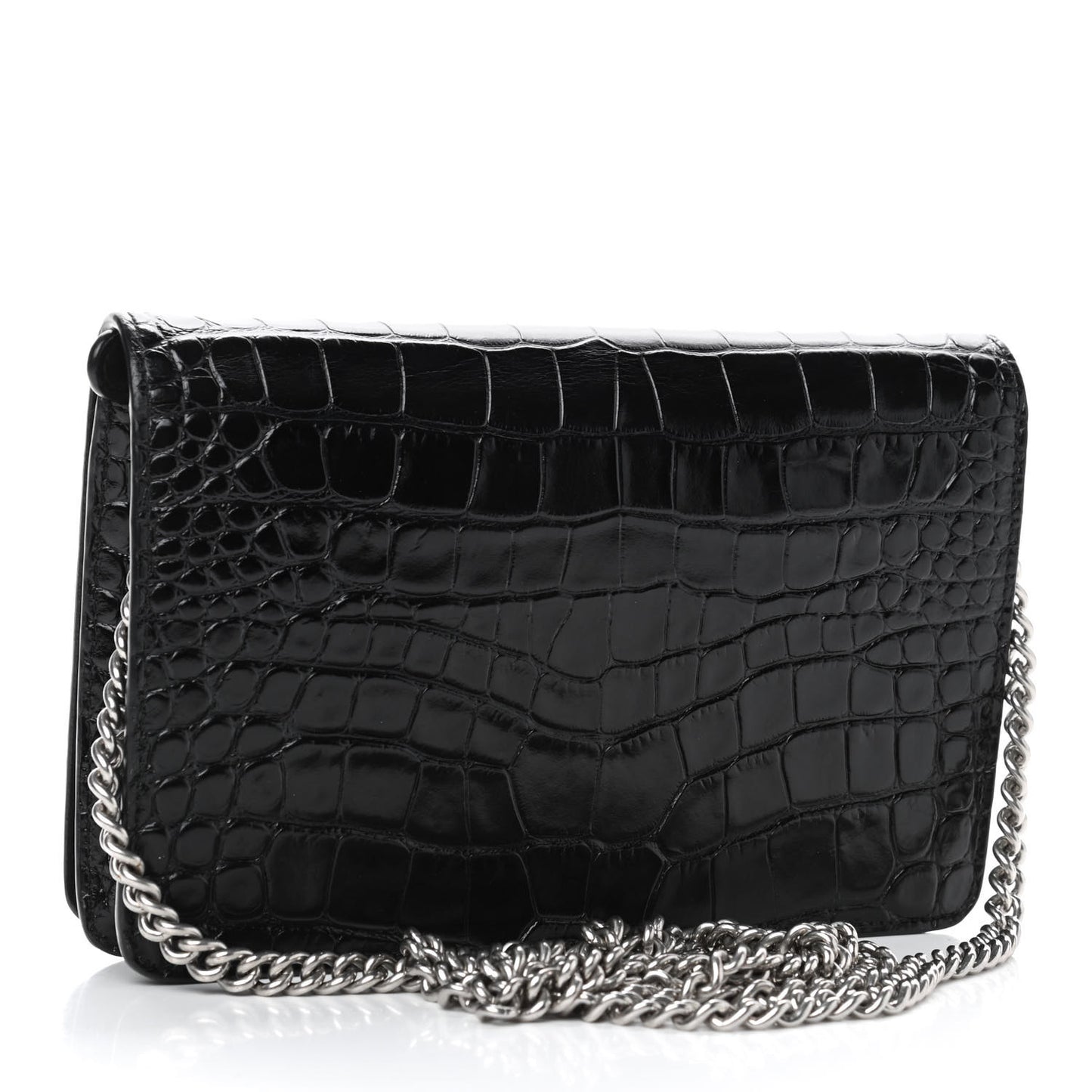 Shiny Calfskin Logo Crocodile Embossed Ville Wallet on Chain Black