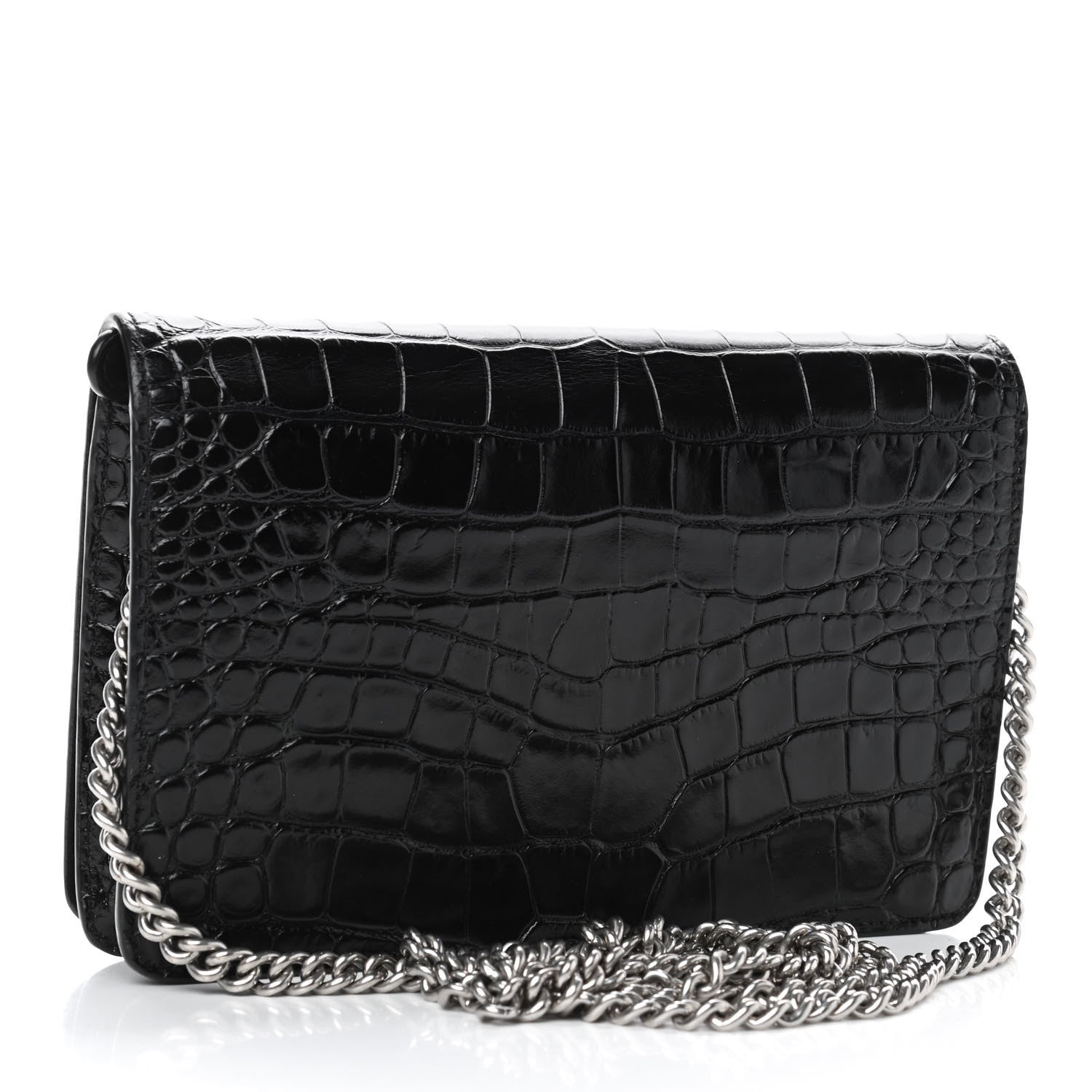 Balenciaga Shiny Calfskin Logo Crocodile Embossed Ville Wallet on Chain Black 2 of 5