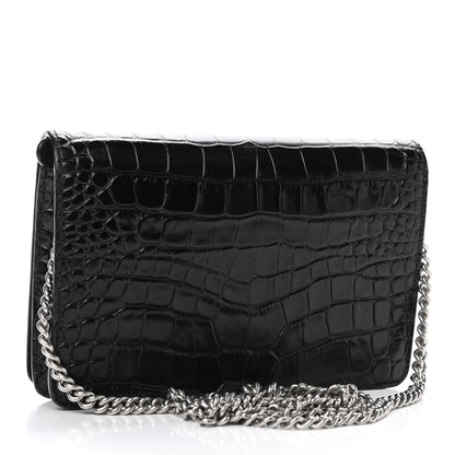 Balenciaga Shiny Calfskin Logo Crocodile Embossed Ville Wallet on Chain Black 2 of 5