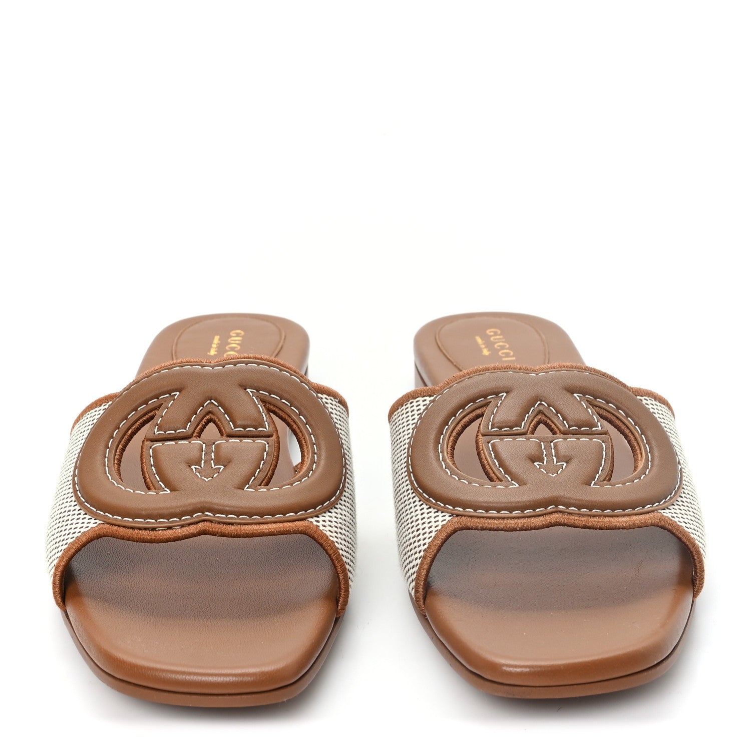 Gucci Canvas Rice Cosmos Softy Calfskin Interlocking G Cut Out Slide Sandals 39.5 Brown Natural Sundial 3 of 8