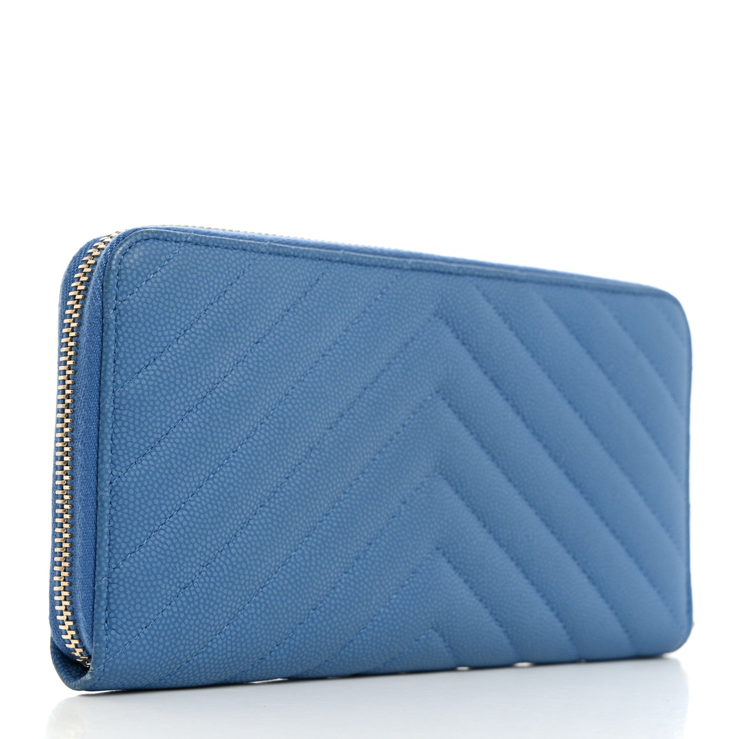 Chanel Iridescent Caviar Chevron Quilted Large Gusset Zip Around Wallet Bright Blue 3 of 8