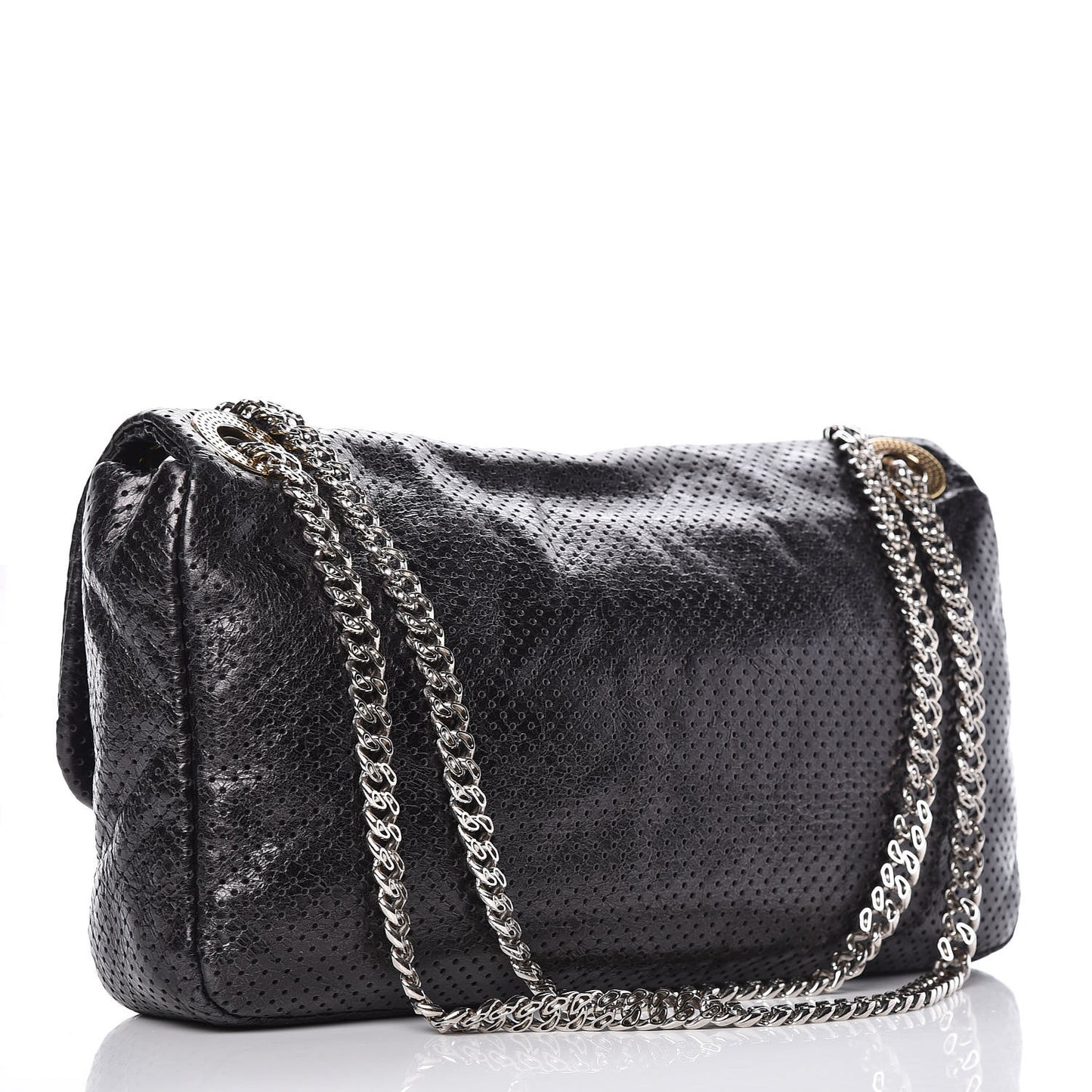 Metallic Crackled Calfskin Large Perforated Drill Flap Black