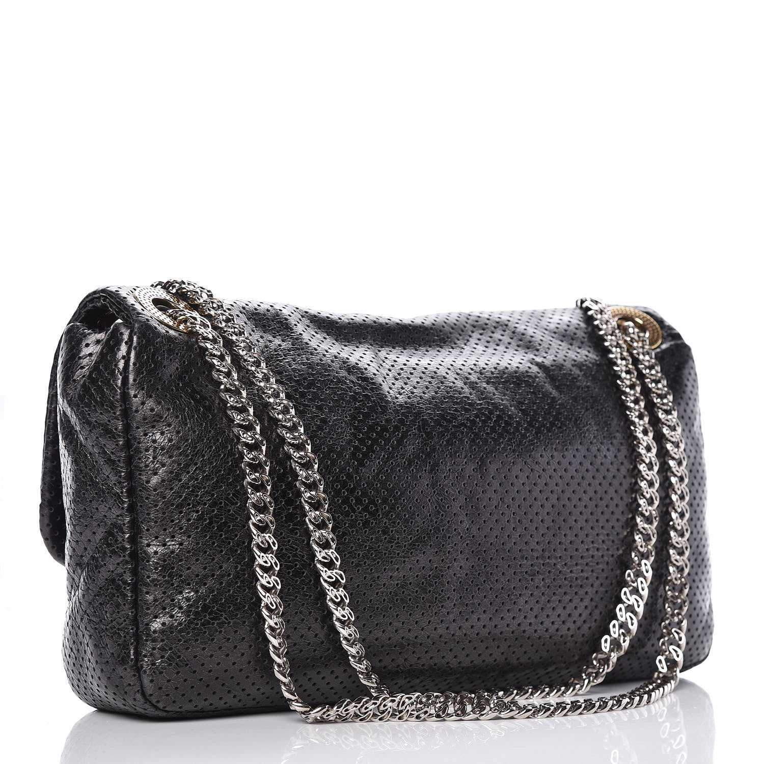 Chanel Metallic Crackled Calfskin Large Perforated Drill Flap Black 3 of 12