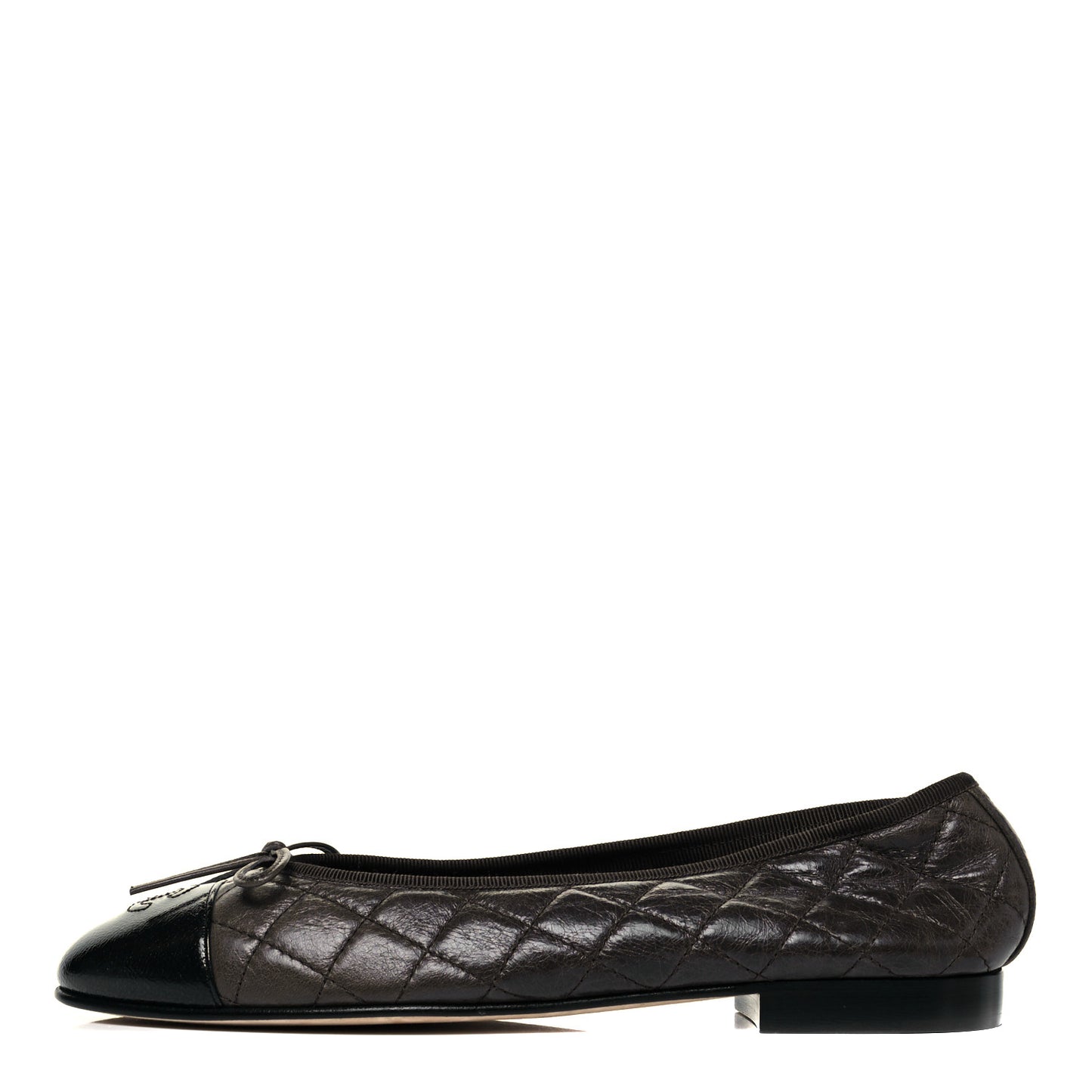 Metallic Aged Calfskin Patent Quilted CC Cap Toe Ballerina Flats 39 Dark Brown