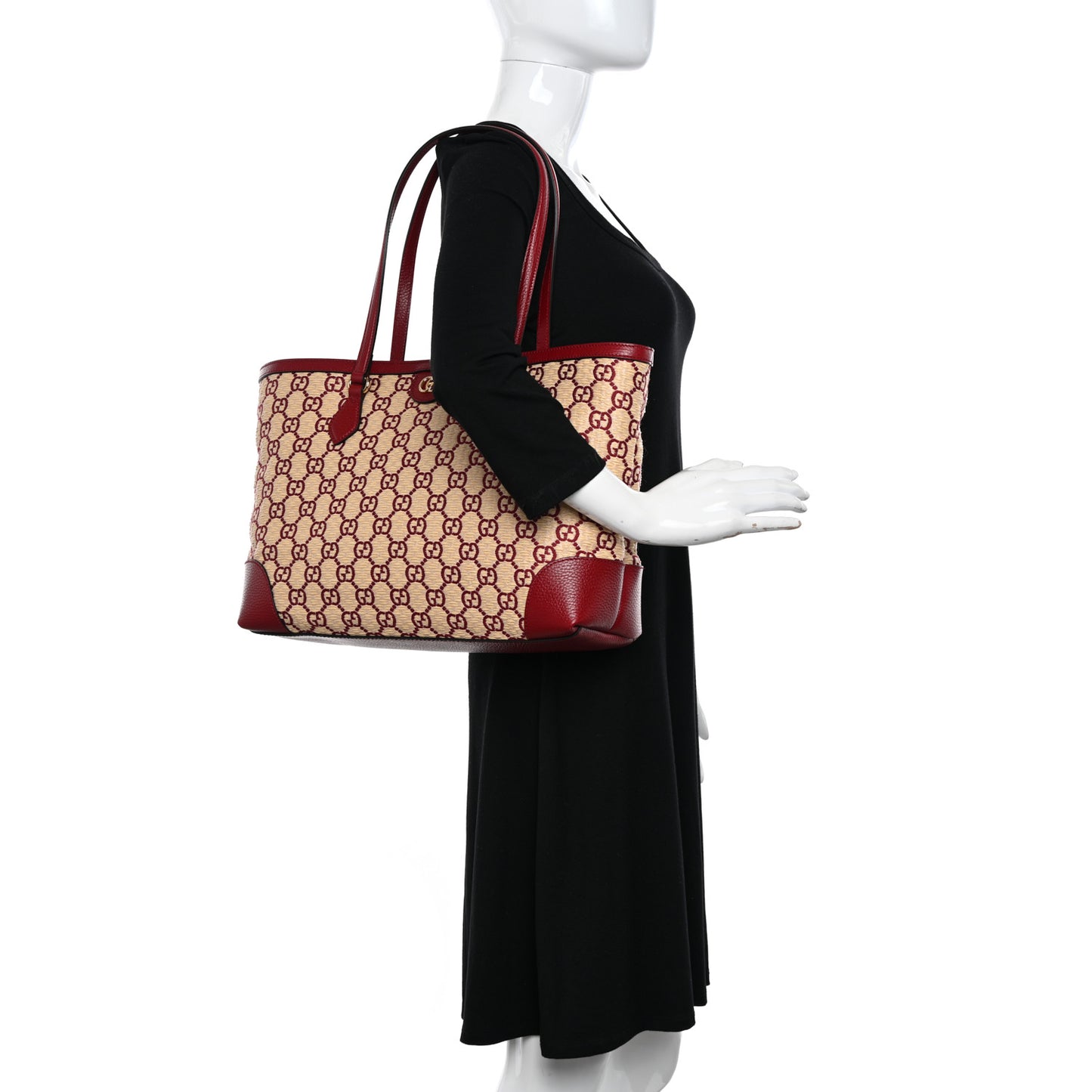 Straw Jacquard Dollar Calfskin GG Monogram Medium Ophidia Shopping Tote Natural New Cherry Red
