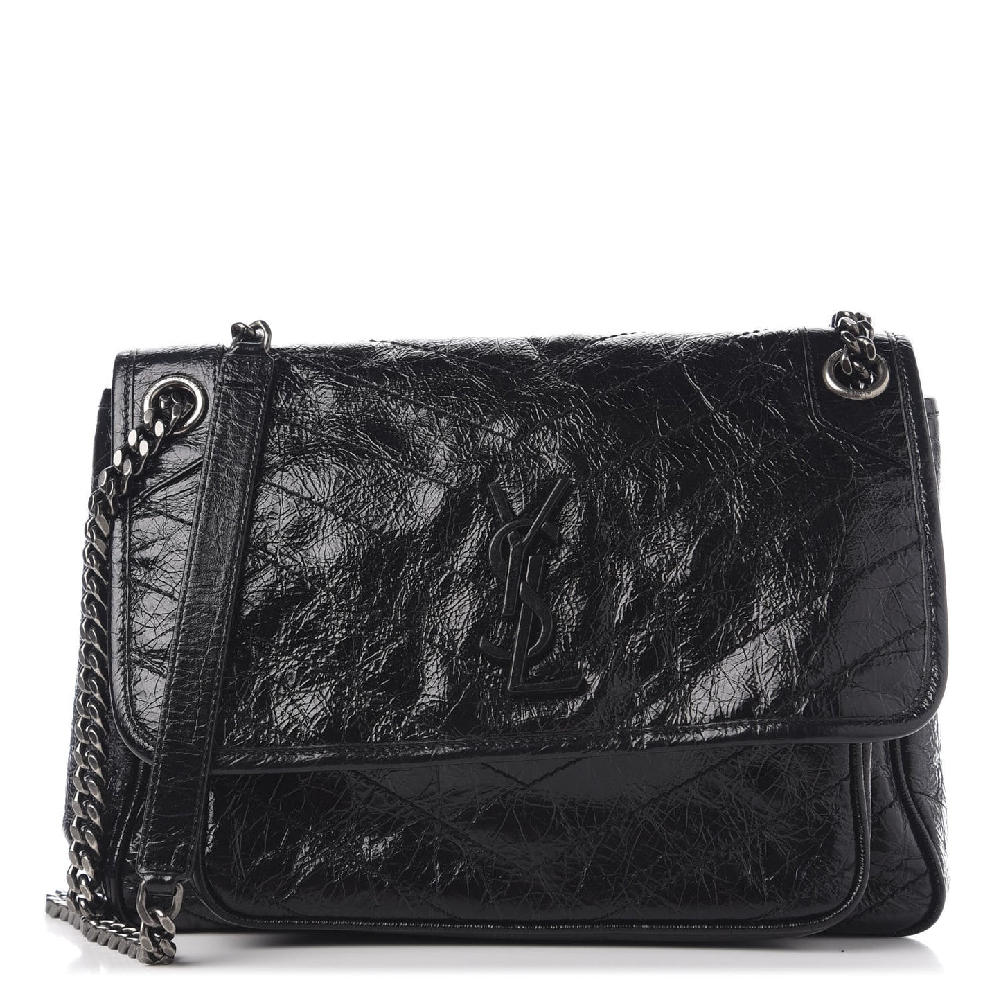Crinkled Calfskin Matelasse Monogram Medium Niki Chain Satchel Black
