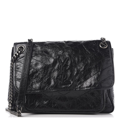 Saint Laurent Crinkled Calfskin Matelasse Monogram Medium Niki Chain Satchel Black 1 of 9