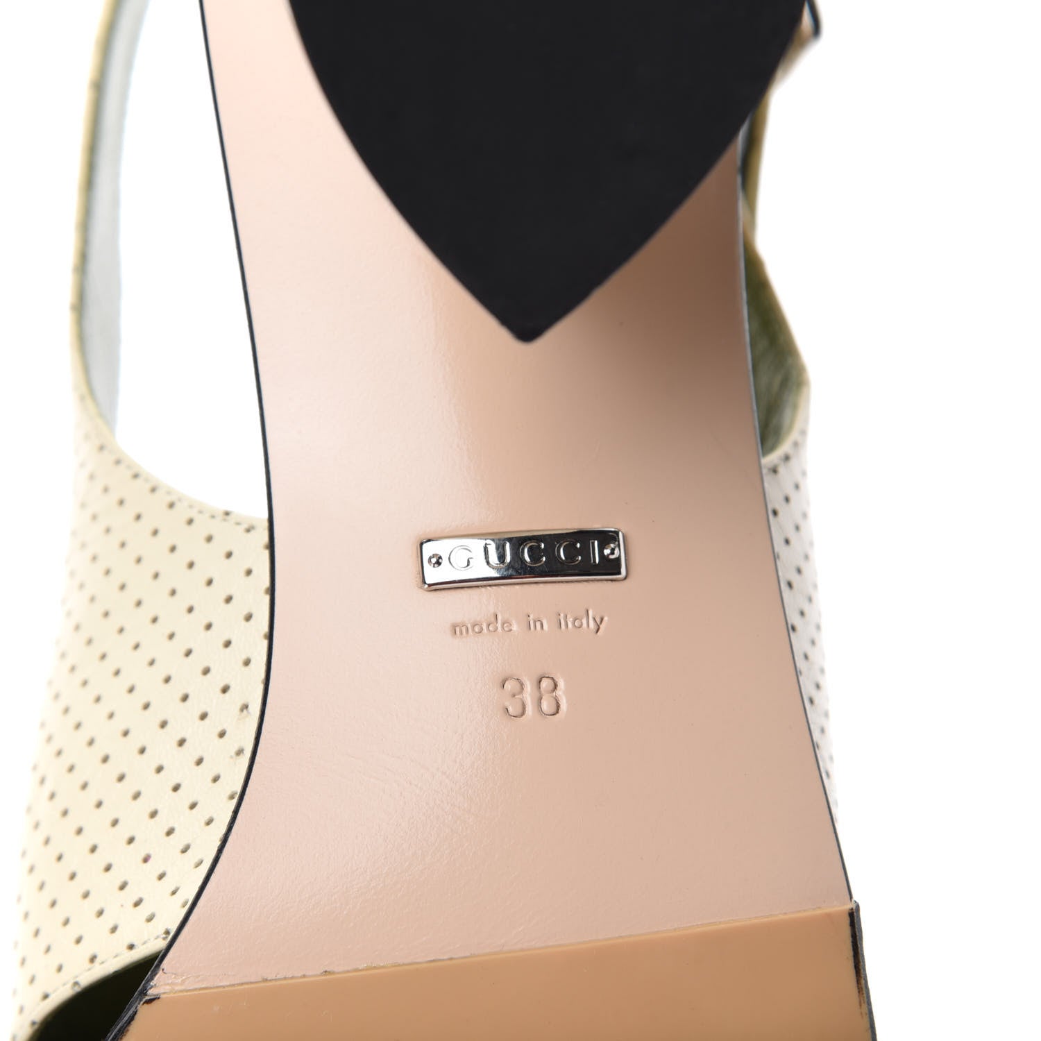 Gucci Calfskin Perforated Shell Embellished Slingback Sandals 38 Vintage White 9 of 11