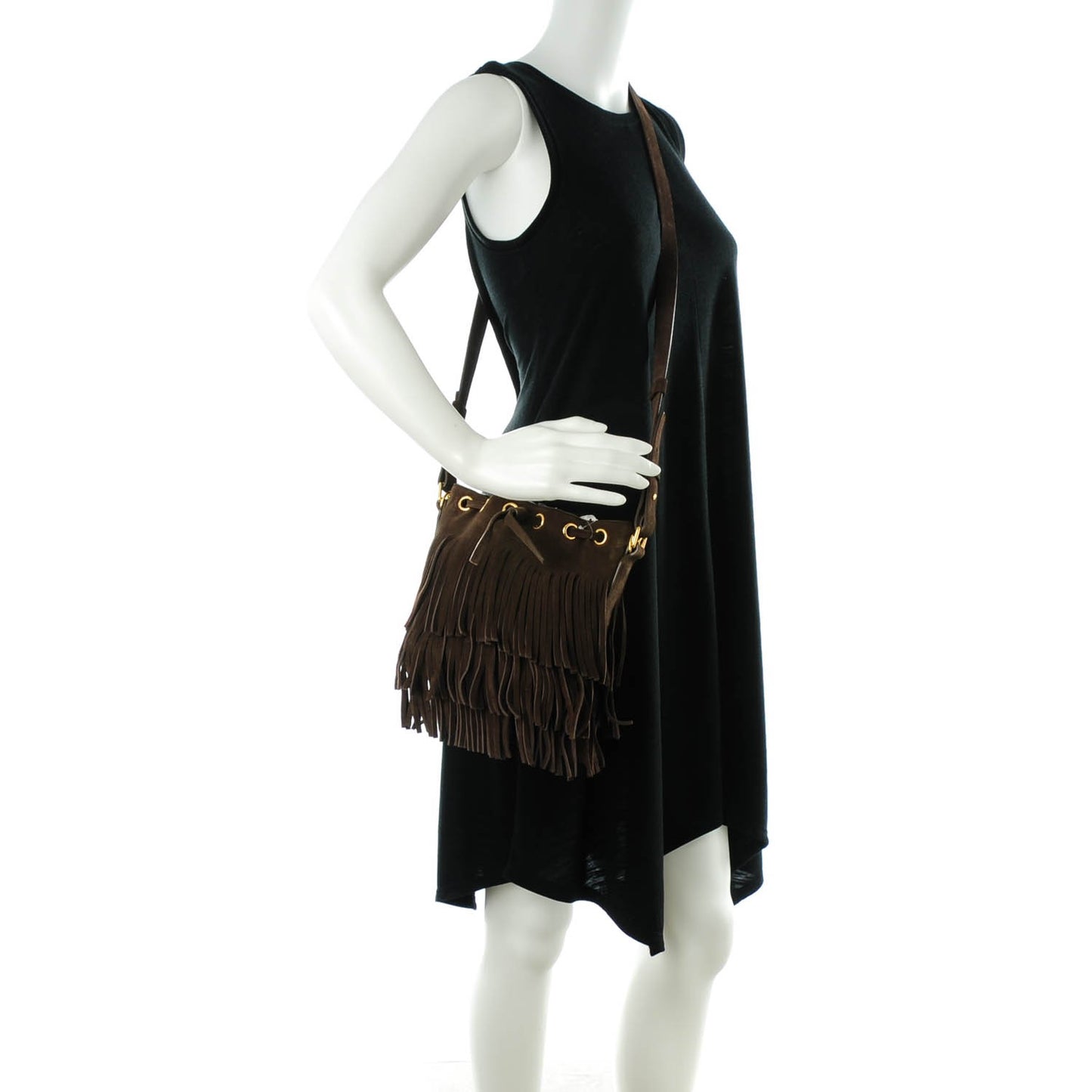 Suede Calfskin Small Emmanuelle Fringe Bucket Bag Brown