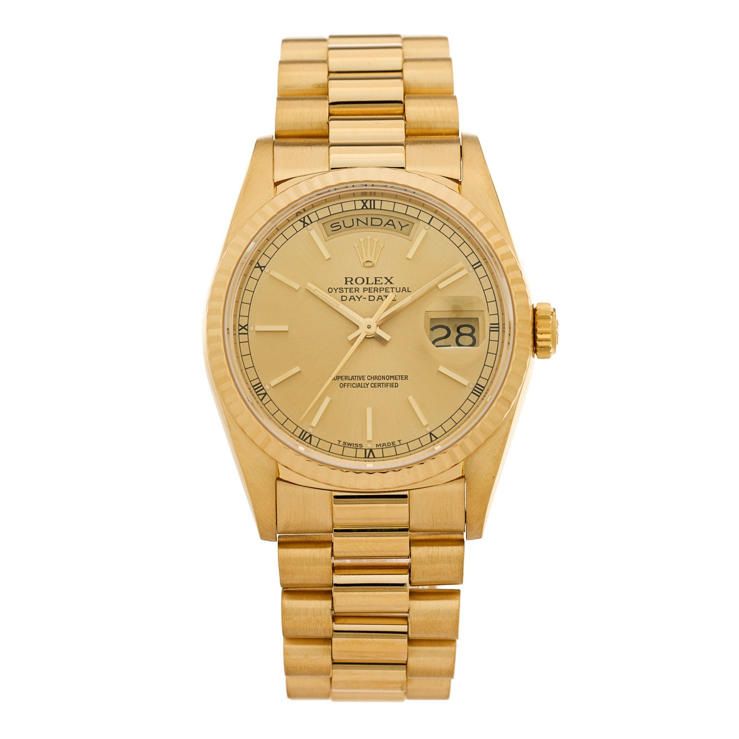 18K Yellow Gold 36mm Oyster Perpetual Day-Date President Watch Champagne 18238