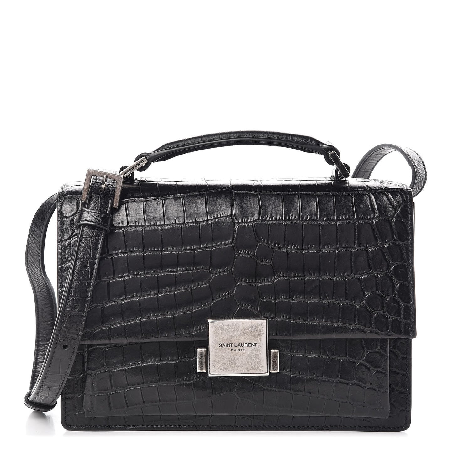 Calfskin Crocodile Embossed Medium Bellechasse Satchel Black