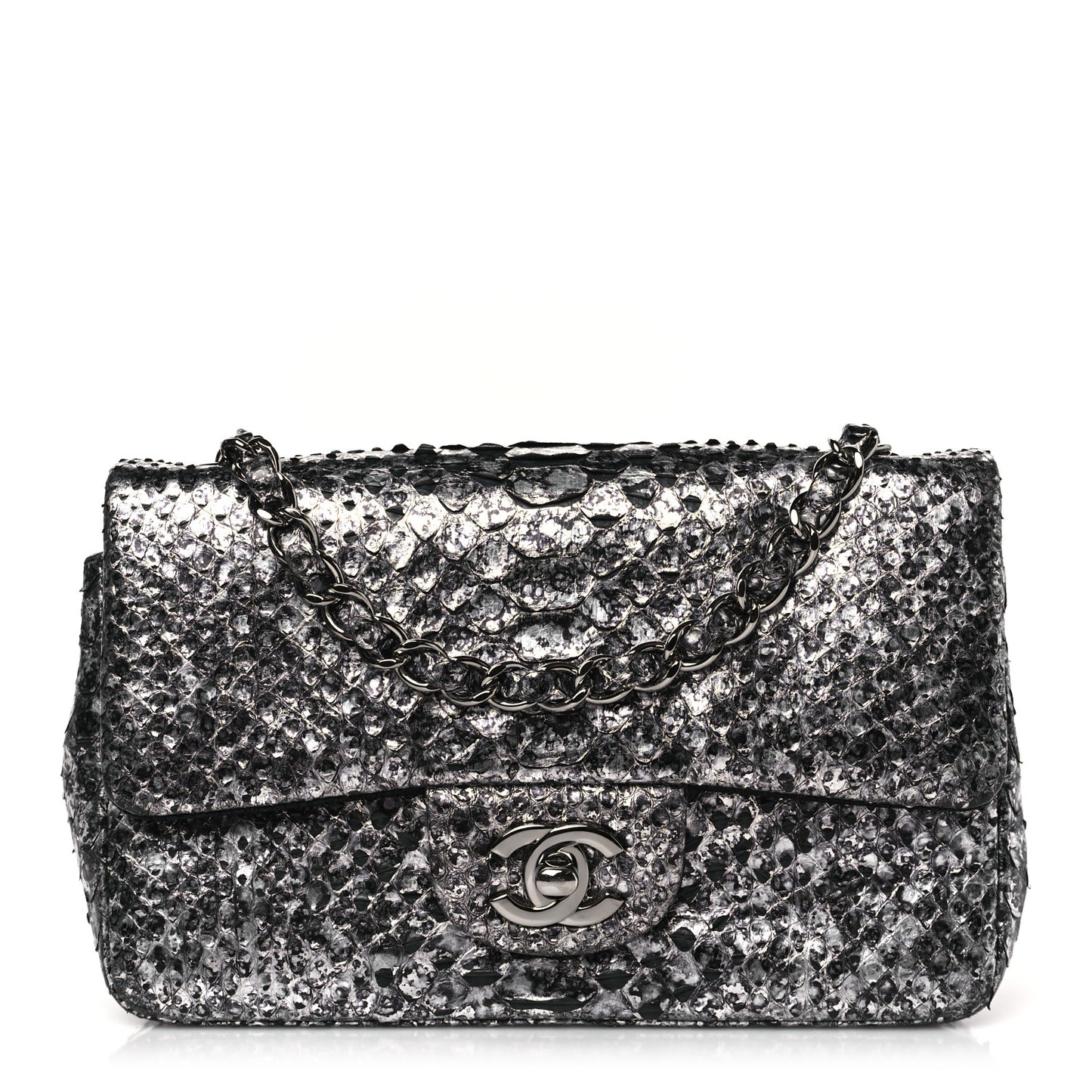 Metallic Snakeskin Mini Rectangular Flap Silver Black
