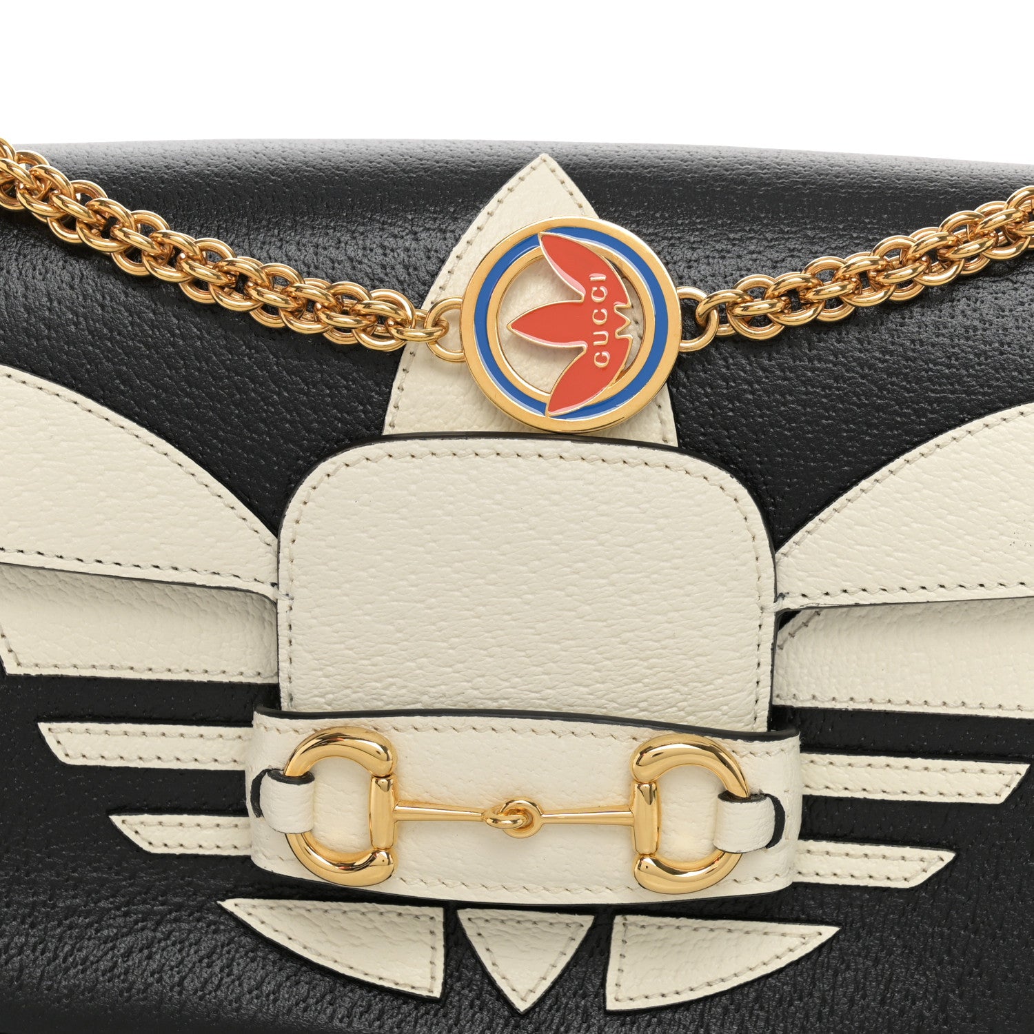 Gucci X ADIDAS Textured Dollar Calfskin Web Small Trefoil Horsebit 1955 Shoulder Bag Black Off White 9 of 11