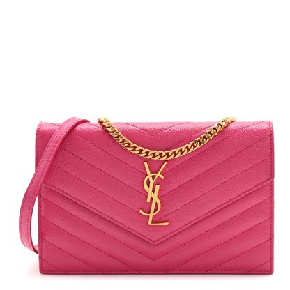Saint Laurent Grain De Poudre Matelasse Chevron Monogram Envelope Chain Wallet Fresh Fuchsia 1 of 14
