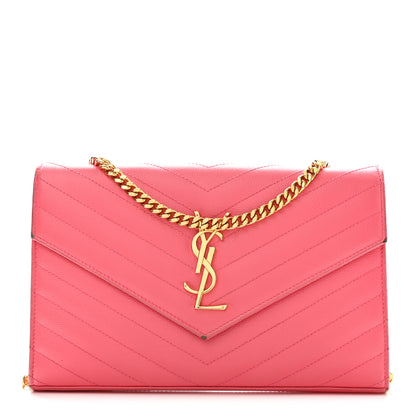 Saint Laurent Grain De Poudre Matelasse Chevron Monogram Chain Wallet Rose Clair 1 of 12