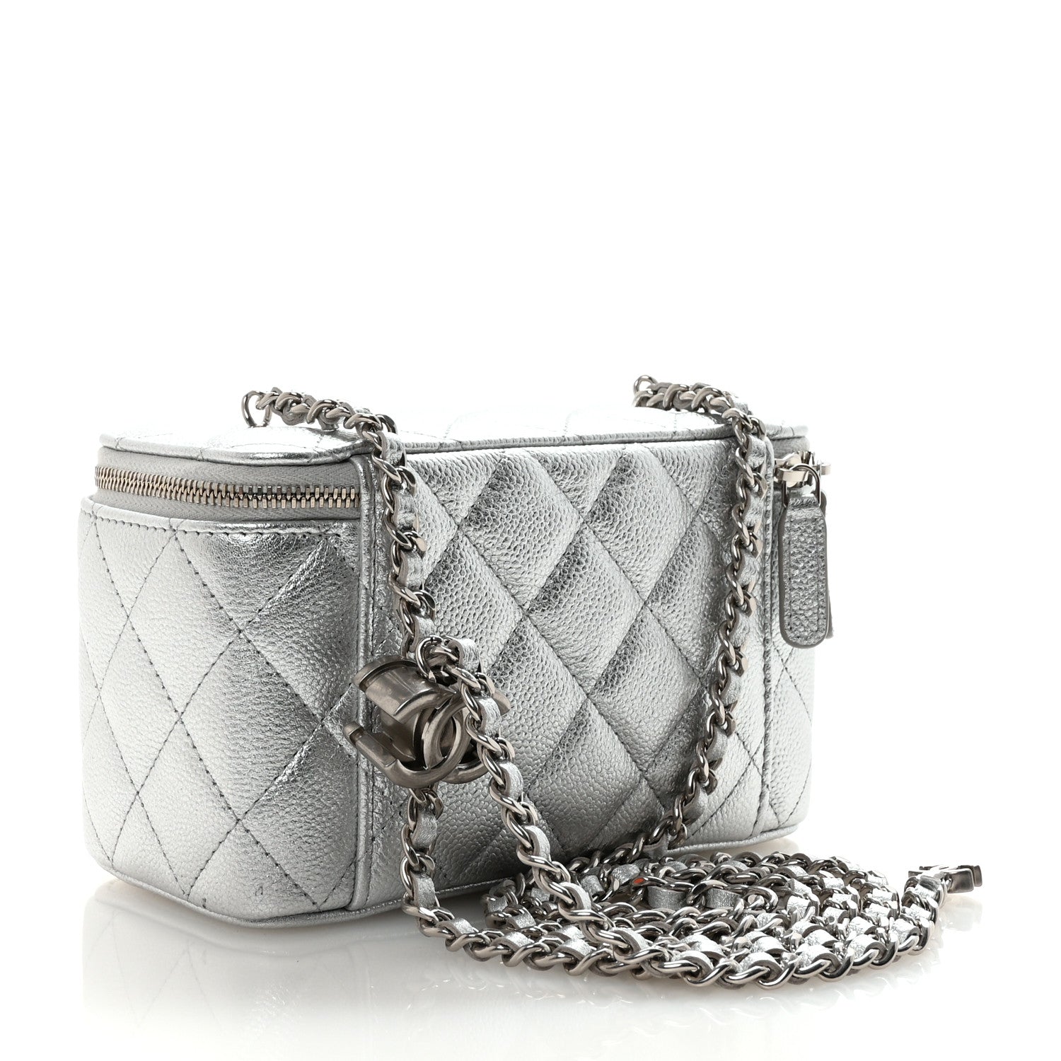 Chanel Metallic Caviar Quilted Small Vanity Case With Chain Silver