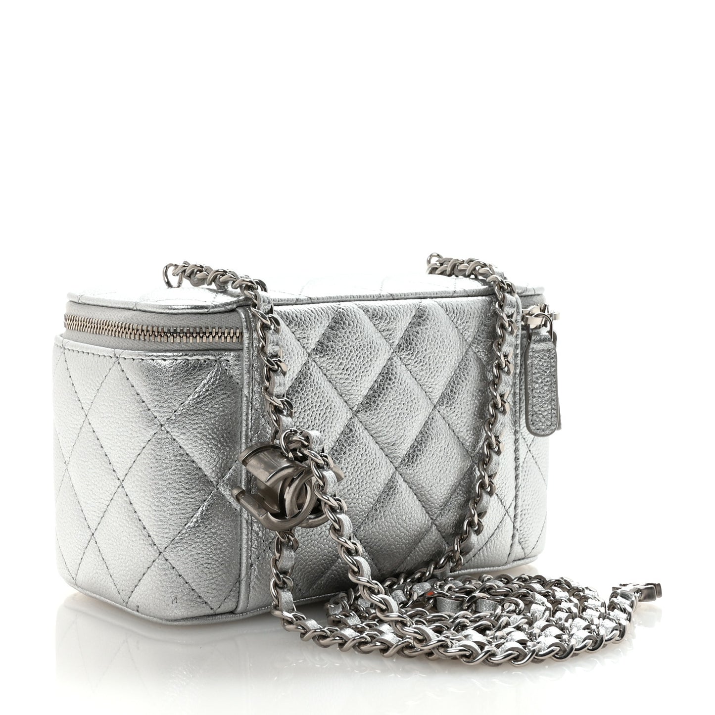 Metallic Caviar Quilted Small Vanity Case With Chain Silver
