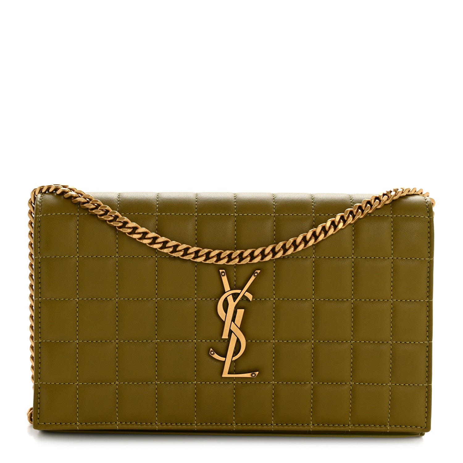 Saint Laurent Lambskin Carre Quilted Cassandre Chain Wallet Olive Drab 1 of 14