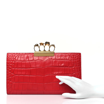 Alexander McQueen Calfskin Crocodile Embossed Knuckle Flat Clutch Red 2 of 9