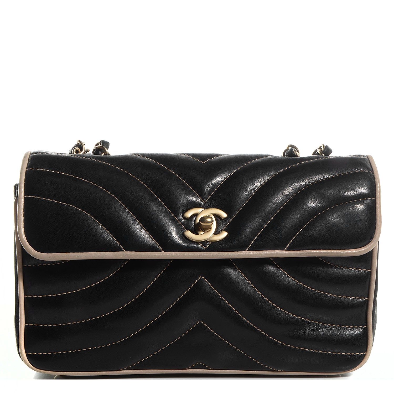 Chanel Lambskin Small Chevron Flap Black Beige 1 of 8