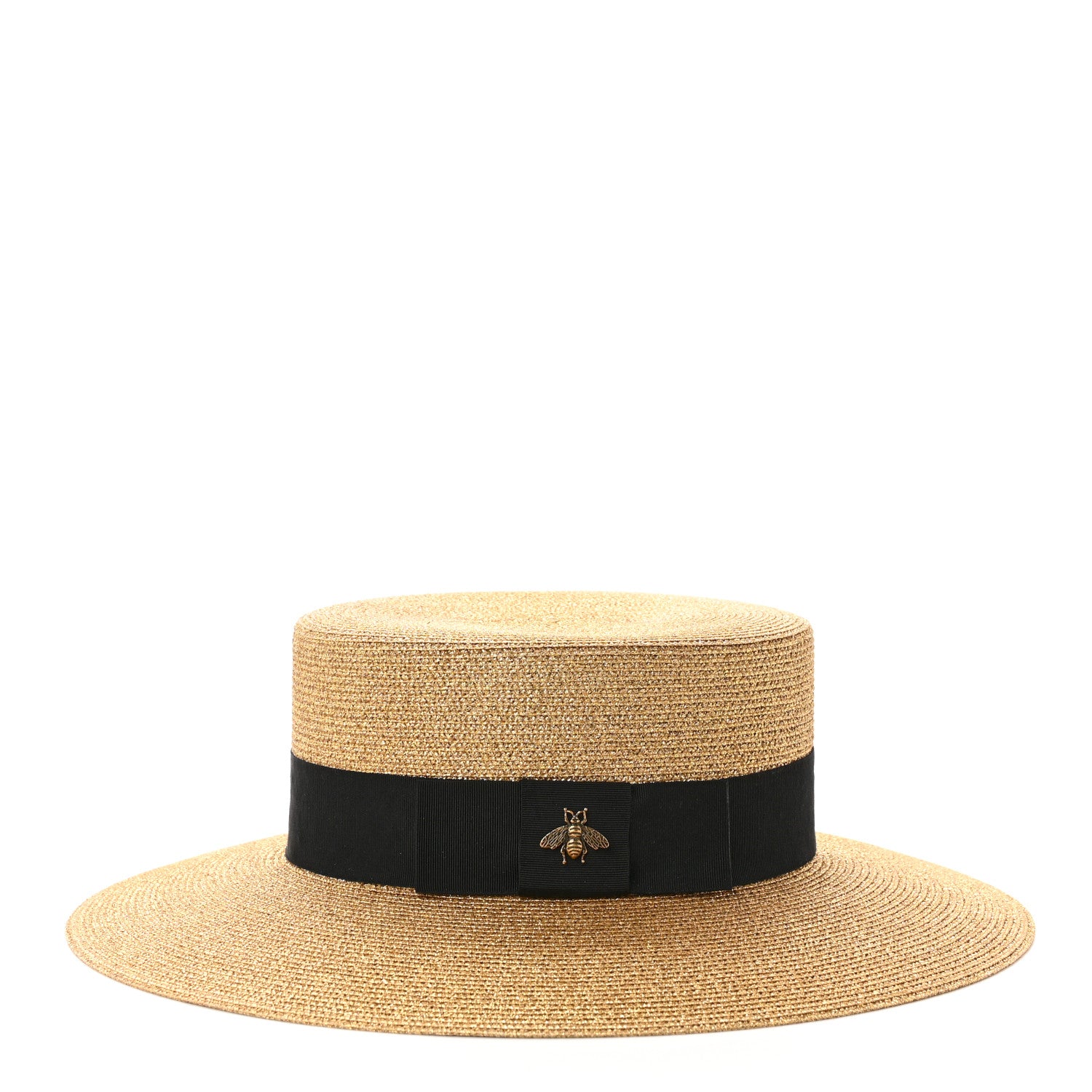 Gucci Glittered Straw Grosgrain Wide Brim Hat M Gold Black 4 of 9
