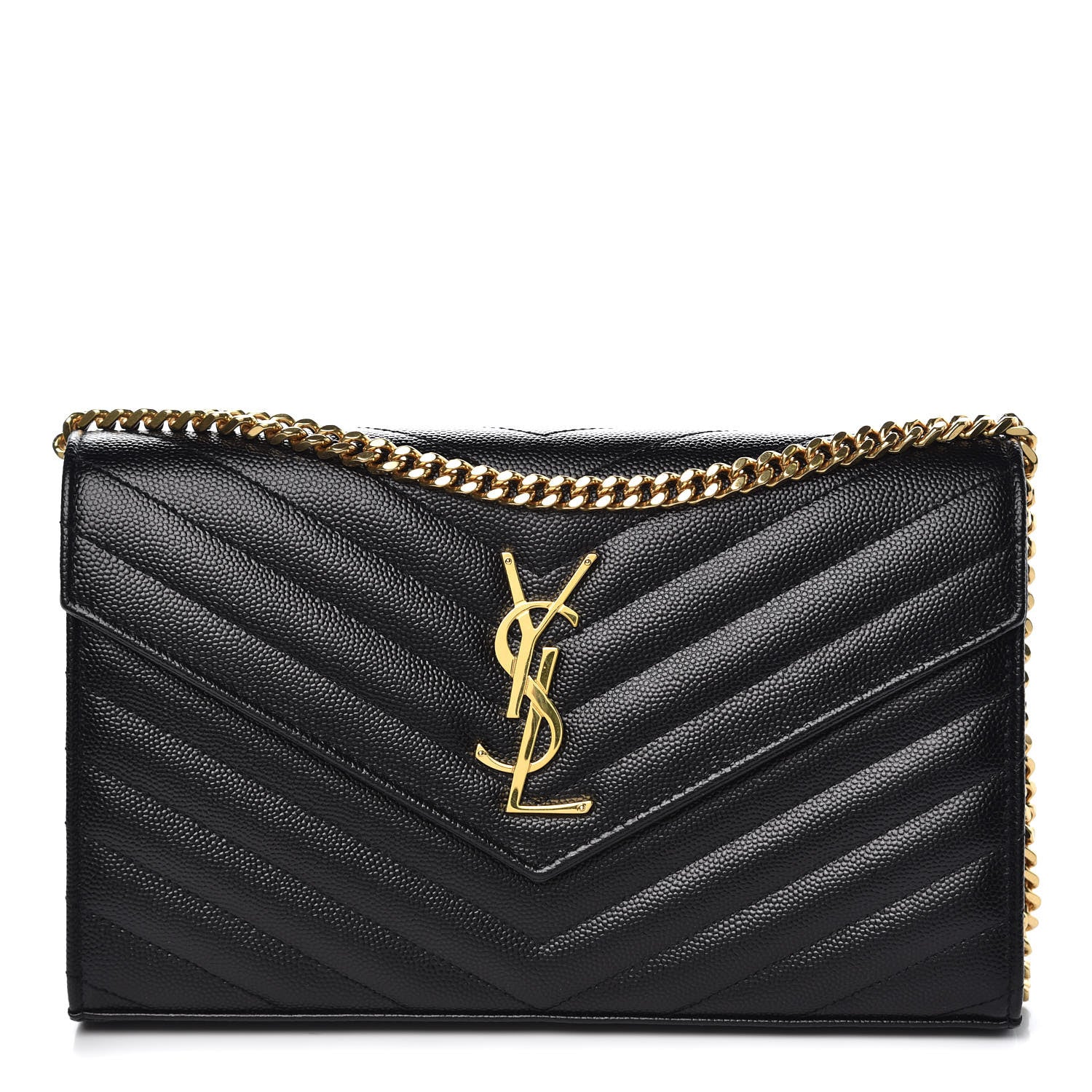 Saint Laurent Grain De Poudre Matelasse Chevron Monogram Chain Wallet Black 1 of 7
