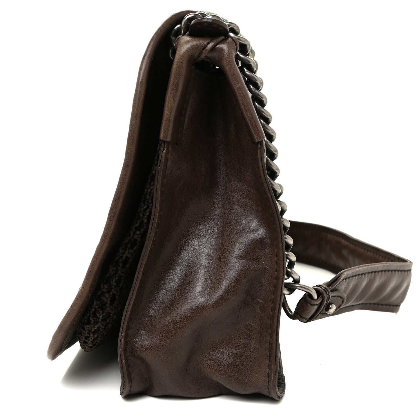 Calfskin Felt Sequin Embroidered Flap Shoulder Bag Brown