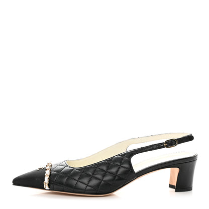 Chanel Lambskin Grosgrain Quilted Cap Toe CC Chain Slingback Pumps 40 Black 1 of 8