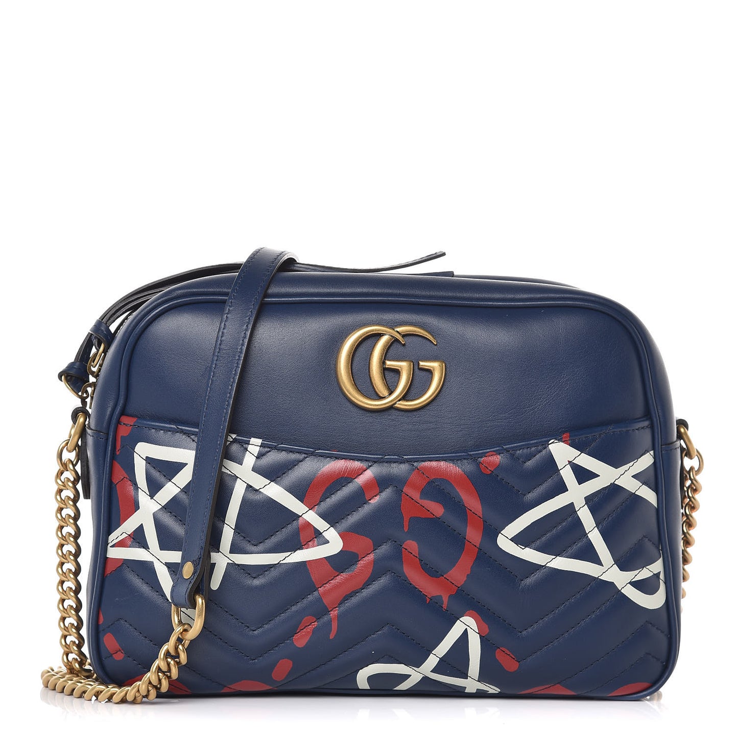 Calfskin Matelasse GucciGhost Medium GG Marmont Chain Shoulder Bag Blue Agata Hibiscus Red
