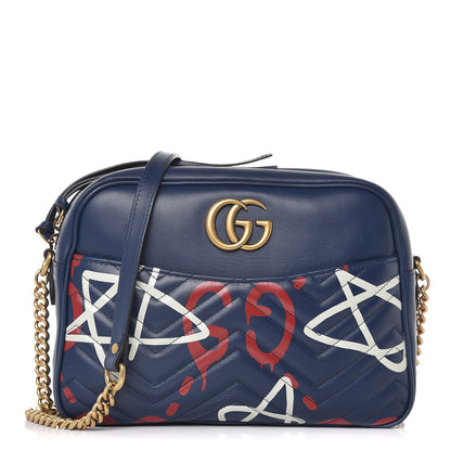Gucci Calfskin Matelasse GucciGhost Medium GG Marmont Chain Shoulder Bag Blue Agata Hibiscus Red 1 of 8